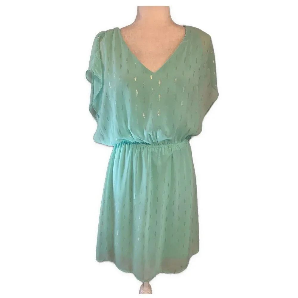 Buttons Label Tiffany Blue Teal Silver V Neck Short Sleeve Mini Dress Medium